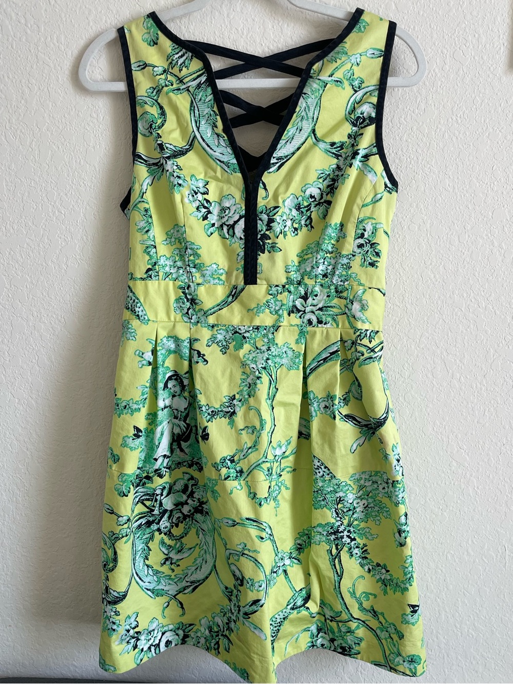 Nanette Lepore Lime Yellow Floral Mini Dress with Black Trim